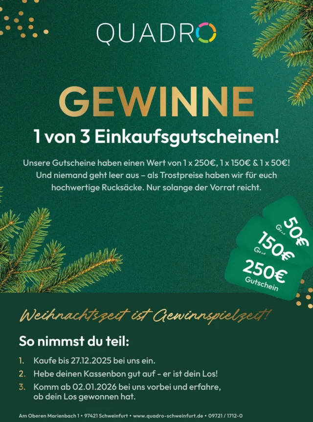 🎄✨ Weihnachtszeit = Gewinnspielzeit! ✨🎄
Bei QUADRO wird’s richtig festlich – und ihr könnt abräumen! 🤩
Gewinnt 1 von 3 Einkaufsgutscheinen:
💚 250 €
💚 150 €
💚 50 €
…und als Trostpreis warten hochwertige Rucksäcke auf euch – niemand geht leer aus! 🎒💥 (Solange der Vorrat reicht.)
So einfach bist du dabei:
1️⃣ Bis 27.12.2025 bei uns einkaufen
2️⃣ Kassenbon aufheben = dein Los 🎫
3️⃣ Ab 02.01.2026 vorbeikommen und überprüfen, ob du gewonnen hast ✨
Lasst euch die Chance nicht entgehen – wir drücken die Daumen! 🍀💚
#quadro #schweinfurt #gewinnspiel #weihnachten #glückspilz #shoplocal #gutscheine